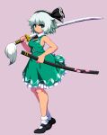  1girl absurdres black_footwear black_hairband breasts commentary einzeilhandery english_commentary full_body green_eyes green_shirt green_skirt grey_background hairband highres holding holding_sword holding_weapon katana konpaku_youmu looking_at_viewer namako_(takorin)_(style) pixel_art shirt short_hair sideboob simple_background skirt socks solo sword touhou weapon white_hair white_socks 