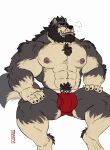  2023 abs anthro areola barazoku beard big_bulge big_muscles big_pecs breath bulge butt_from_the_front canid canine canis clothing english_text facial_hair hi_res looking_at_viewer male mammal muscular muscular_anthro muscular_male nipples pecs red_clothing red_underwear simple_background sitting solo spread_legs spreading text text_on_clothing text_on_underwear toastyfuzzbuns underwear white_background wolf 