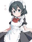  1girl alternate_costume apron black_dress black_hair blush bow bowtie collared_dress curtsey dress enmaided frilled_apron frills heart highres kaban_(kemono_friends) kemono_friends maid maid_apron maid_day maid_headdress mimu_umui puffy_short_sleeves puffy_sleeves red_bow red_bowtie short_hair short_sleeves solo white_apron 