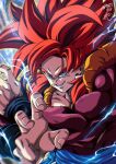  1boy artist_name aura biceps black_wristband blue_eyes body_fur commentary_request crossed_wrists dragon_ball dragon_ball_gt electricity energy fingernails gogeta grin hands_up highres male_focus metamoran_vest muscular muscular_male open_clothes open_vest red_fur red_hair seya_(asasei_718) signature smile solo super_saiyan super_saiyan_4 teeth upper_body v-shaped_eyebrows vest wristband 