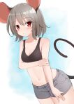  1girl animal_ears bare_shoulders black_shirt blush breasts cleavage collarbone crop_top grey_hair grey_shorts hair_between_eyes highres holding_own_arm medium_breasts medium_hair midriff mouse_ears mouse_girl mouse_tail navel nazrin red_eyes shirt short_shorts shorts sidelocks sweat tail touhou umino_hotate 