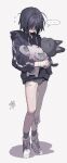  1girl absurdres bandaged_hand bandages bandaid bandaid_on_leg black_hoodie blush copyright_request freng gauze_on_leg grey_shorts highres hood hoodie nose_blush open_clothes open_hoodie shorts solo white_sneakers 