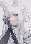  1girl absurdres animal_ear_fluff animal_ears arknights black_gloves cloak commentary frown gloves green_eyes grey_background highres horse_ears horse_girl long_hair miike_(992058) platinum_(arknights) ponytail portrait sidelocks simple_background solo upper_body white_cloak white_hair 