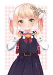  1girl aged_down backpack bag blonde_hair blue_dress blush bow bowtie crime_prevention_buzzer dress dress_shirt green_eyes highres indie_virtual_youtuber looking_at_viewer official_alternate_costume pan_(pixiv41343614) pinafore_dress pleated_dress randoseru red_bag red_bow red_bowtie shigure_ui_(vtuber) shigure_ui_(young)_(vtuber) shirt short_hair sleeveless sleeveless_dress smile tongue tongue_out two_side_up virtual_youtuber white_shirt 