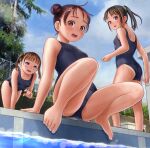  3girls adjusting_clothes adjusting_swimsuit ass bare_shoulders barefoot black_hair blue_eyes blue_sky blush breasts brown_hair cloud cloudy_sky commentary day double_bun from_below hair_bun highres m_legs multiple_girls one-piece_swimsuit open_mouth original outdoors ponytail pool poolside purple_eyes red_eyes school_swimsuit sky small_breasts spread_legs swimsuit tan tanlines thighs twintails wadachitokakeru wet 