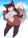  anthro big_breasts blush breasts brown_hair canid canine chibi chromapan clothing eyes_closed female fox genitals hair hi_res mammal navel pussy smile solo translucent translucent_clothing translucent_topwear 