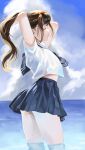  1girl absurdres adjusting_hair arms_behind_back arms_up blue_sailor_collar blue_skirt blue_sky brown_hair closed_eyes closed_mouth cloud day fengling_(furin-jp) highres horizon long_hair original outdoors partially_submerged pleated_skirt sailor_collar school_uniform skirt sky solo standing water 