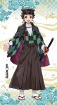  1boy black_cape black_headwear cape character_name checkered_clothes checkered_kimono earrings highres holding holding_sword holding_weapon japanese_clothes jewelry kamado_tanjirou kimetsu_no_yaiba kimono long_sleeves nightcat open_mouth red_eyes red_hair smile solo sword weapon 