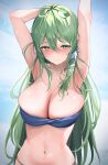  1girl 258n absurdres armpits arms_up bikini blue_bikini breasts cleavage collarbone commission frog_hair_ornament green_eyes green_hair hair_ornament highres kochiya_sanae large_breasts long_hair pixiv_commission single_hair_tube snake_hair_ornament solo straight_hair strapless strapless_bikini swimsuit touhou very_long_hair 