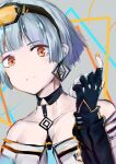  1girl absurdres aqua_necktie bare_shoulders black_choker black_gloves blue_hair blue_nails blunt_bangs bob_cut choker collarbone commentary earrings fingerless_gloves frown girls&#039;_frontline gloves goggles goggles_on_head grey_background highres jewelry long_sleeves looking_at_viewer melody-05 multicolored_nails necktie off-shoulder_shirt off_shoulder orange-tinted_eyewear orange_eyes orange_nails shirt short_hair sketch solo tinted_eyewear upper_body zas_m21_(girls&#039;_frontline) 