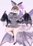  1girl animal animal_ears bat_(animal) bat_ears bat_girl bat_wings brown_eyes brown_long-eared_bat_(kemono_friends) extra_ears glasses gloves grey_hair hood izzun kemono_friends kemono_friends_v_project long_hair looking_at_viewer poporu_(kemono_friends) purple_background ribbon shoes simple_background sweater virtual_youtuber wings 