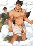  2boys abs animal_ears armlet aruji_(hidora) bar_censor bara borrowed_character bulge censored eyebrow_cut faceless faceless_male facial_hair feet_out_of_frame flaccid goatee groin gyaran_do69 highres large_pectorals loincloth_aside long_sideburns male_focus male_pubic_hair mature_male multiple_boys muscular muscular_male navel navel_hair nipples no_male_underwear original outstretched_arms pectorals penis penis_peek pubic_hair pubic_hair_peek shield_necklace shiny_skin short_hair sideburns smile smoke standing stomach summoning tail thick_eyebrows topless_male undercut veins veiny_arms white_loincloth wolf_boy wolf_ears wolf_tail yaoi yellow_eyes 