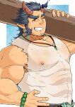  1boy bad_id bad_twitter_id bara bare_arms bead_bracelet beads blue_hair bracelet broken_horn carpenter carrying_over_shoulder covered_abs covered_navel covered_nipples cowboy_shot dark_blue_hair demon_boy demon_horns denim facial_hair fiery_horns grin highres horns huge_eyebrows huge_pectorals jeans jewelry kansuke_(kansuke_717) long_sideburns looking_at_viewer male_focus mature_male muscular muscular_male mutton_chops necklace one_eye_closed pants pectoral_cleavage pectorals scar scar_on_neck short_hair sideburns smile solo strongman_waist stubble sweat sweaty_clothes takemaru_(housamo) tokyo_afterschool_summoners torn_clothes torn_sleeves v-shaped_eyebrows very_sweaty 