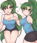  1girl artist_name ass black_shorts blue_tank_top breasts cleavage fire_emblem fire_emblem:_the_blazing_blade flower green_eyes green_hair hair_tie hand_on_own_chest highres long_hair looking_at_viewer lyn_(fire_emblem) medium_breasts multiple_girls open_mouth ponytail purrlucii short_shorts shorts smile solo tank_top thigh_gap upper_body varein0208 very_long_hair watermark 