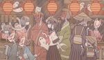  1girl 5boys 5girls :d black_eyes blue_kimono blunt_bangs blunt_ends bob_cut brown_hair candy_apple cathead clenched_hand closed_mouth cowboy_shot facing_viewer festival flower food food_stand fox_mask fox_tail from_side ghost green_kimono grey_hair grey_kimono hair_flower hair_ornament hair_over_eyes hairband hand_to_head hand_up hat highres holding japanese_clothes kimono kimono_skirt lantern long_neck long_sleeves looking_at_another mask multiple_boys multiple_girls neckerchief no_fingers omochi_noa oni_mask open_mouth orange_kimono original paper_lantern pleated_skirt pointing ponytail profile quad_tails red_eyes red_flower red_kimono red_neckerchief red_sailor_collar rice_hat rokurokubi sailor_collar school_uniform serafuku short_hair short_sleeves sidelocks sideways_mouth skirt skirt_grab smile solid_oval_eyes standing swept_bangs tail tengu_mask tokin_hat traditional_youkai v very_short_hair wide_sleeves yatai 