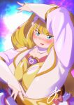  1girl absurdres akina_bbw arm_up artist_name blonde_hair blue_background blue_eyes blunt_bangs blush breasts bridal_gauntlets brooch cleavage collarbone cure_finale delicious_party_precure heart_brooch highres huge_breasts jewelry long_hair looking_at_viewer open_hands parted_lips pink_background precure red_lips solo thick_arms tsurime twitter_username upper_body 