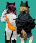  2girls animal_ear_headphones animal_ears animal_hat baseball_cap black_headwear black_jacket black_shirt blonde_hair cat_ear_headphones cat_tail clothes_writing commentary cowboy_shot dog_tail english_commentary facing_away fake_animal_ears fanny_pack from_behind grey_shirt hand_on_headphones hand_up hat headphones jacket kmnz long_hair long_sleeves mc_lita mc_liz multiple_girls off_shoulder purple_hair seimannu shirt short_hair standing tail virtual_youtuber 