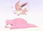  ambiguous_gender animated blush bouncing brown_body duo duo_focus eevee feral flower_petals fur generation_1_pokemon group happy jiggling lying markings nintendo noarustar on_front petals pink_body playing pokemon pokemon_(species) relaxing size_difference sleeping slowpoke trampoline white_body white_fur white_markings 