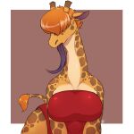  1:1 2023 2_horns absurd_res anthro big_breasts breasts brown_spots clothed clothing dated digital_media_(artwork) dress female fur giraffe giraffid hair hair_over_eyes hi_res horn huge_breasts long_tongue louart mammal open_mouth orange_body orange_hair portrait red_clothing red_dress signature simple_background solo spots spotted_body spotted_fur tail tongue tongue_out 