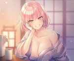  1girl against_table bath_yukata blush brown_eyes collarbone cthulhu_shinwa_rpg_suishou_no_yobigoe cup e_(eokiba) furuki-hime grin hand_on_own_cheek hand_on_own_face japanese_clothes kimono medium_hair off_shoulder pink_hair shouji single_bare_shoulder sliding_doors smile solo table yukata 