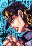  1boy black_hair chain clenched_hand derivative_work gakuran green_eyes hat hat_ornament high_collar highres jojo_no_kimyou_na_bouken kujo_jotaro manga_panel_redraw official_style profile ruushii_(lucy_steel6969) school_uniform serious solo stardust_crusaders 