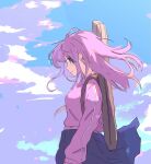  1girl blue_eyes blue_skirt blue_sky bocchi_the_rock! closed_mouth cloud day ein from_side gotoh_hitori highres instrument_case jacket long_hair long_sleeves looking_ahead outdoors pink_hair pink_jacket pleated_skirt profile skirt sky smile solo standing track_jacket 