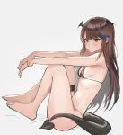  1girl absurdres airi_kanna barefoot bikini black_bikini blue_eyes blue_hair blush brown_hair dragon_tail from_side frown g9ls9e1byz9pz9g head_wings highres long_hair looking_at_viewer micro_bikini mini_wings multicolored_hair simple_background sitting solo stellive string_bikini sweatdrop swimsuit tail thigh_strap unfinished v-shaped_eyebrows virtual_youtuber white_background wings 