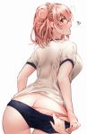  !? 1girl 1other ass blue_buruma blush breasts buruma buruma_pull butt_crack from_behind gym_uniform hair_bun highres large_breasts orange_panties panties panties_under_buruma pink_hair pov pov_hands pulled_by_another red_eyes red_hayao shirt simple_background single_hair_bun single_side_bun solo_focus underwear white_background white_shirt yahari_ore_no_seishun_lovecome_wa_machigatteiru. yuigahama_yui 