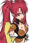  1girl breasts cleavage commentary_request gloves highres lipstick long_hair looking_at_viewer makeup midriff nanaly_fletch purple_eyes red_hair shirako_(kirupi) simple_background smile solo tales_of_(series) tales_of_destiny_2 twintails white_background 