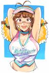  1girl akizuki_ritsuko antenna_hair armpits arms_behind_head arms_up blue_background blue_choker blush border braid breasts brown_eyes brown_hair cheerleader choker cleavage collarbone crop_top cropped_shirt glasses hair_tie hiziki723 holding holding_pom_poms idolmaster idolmaster_(classic) idolmaster_million_live! idolmaster_million_live!_theater_days large_breasts looking_at_viewer midriff open_mouth outside_border pink-framed_eyewear pom_pom_(cheerleading) print_shirt shirt short_hair simple_background sleeveless sleeveless_shirt smile solo sweat text_print twin_braids twintails two-tone_headwear upper_body visor_cap white_border 