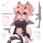  1girl :3 animal_ear_fluff animal_ears arms_behind_back assault_rifle belt black_belt black_bow black_pantyhose black_shirt black_shorts blush bow brown_eyes collar cropped_shirt english_commentary fishnet_pantyhose fishnets furry furry_female gun handgun hazel_(typh) heart heart_in_eye hello_kitty hello_kitty_(character) highres horns knife long_sleeves midriff milk_carton navel open_mouth original pantyhose paw_print pink_bow pink_collar rifle shirt short_shorts shorts sitting smile solo sparkle strawberry_milk striped striped_bow striped_thighhighs symbol_in_eye tail thighhighs typh weapon wings 