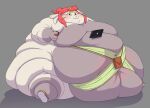  anthro belly belly_overhang belly_squish big_belly blush blush_lines chubby_cheeks clothing deep_navel domestic_cat double_chin embarrassed fat_rolls felid feline felis hi_res huge_thighs hyper hyper_belly hyper_thighs immobile male mammal meow_(space_dandy) monare moobs navel nintendo nintendo_switch smile solo space_dandy squish thick_thighs tight_clothing 