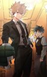  2boys absurdres alternate_costume alternate_hair_color apron arm_at_side bakugou_katsuki belt belt_buckle black_belt black_bow black_jacket black_necktie black_pants black_suit black_vest boku_no_hero_academia bow bright_pupils brown_apron brown_hair buckle buttons chandelier clenched_hand closed_mouth collared_shirt cowboy_shot diffraction_spikes dress_shirt earphones freckles frown gloves green_eyes green_gloves green_hair hair_between_eyes hand_in_pocket hand_on_own_ear hand_up highres indoors jacket light long_sleeves looking_to_the_side male_focus midoriya_izuku mimisu multiple_boys necktie open_clothes open_jacket open_mouth orange_gloves pants pillar pocket red_eyes sanpaku scar scar_on_hand shirt short_hair sideways_glance single_glove sleeve_garter sleeves_pushed_up spiked_hair suit teeth tie_clip two-tone_gloves upper_teeth_only v-shaped_eyebrows vest waist_apron waiter white_pupils white_shirt wing_collar 