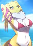  anthro bandai_namco beach bikini bikini_top bottomless breasts canid canine clothed clothing cloud digimon digimon_(species) female fox mammal navel outside piercing renamon roxie_(projektrox) seaside sk3tchk4t sky solo swimwear tattoo water 