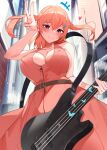  1girl absurdres bang_dream! bare_arms belt blush breasts character_request closed_mouth covered_nipples curvy dress electric_guitar guitar heart highres holding holding_instrument instrument looking_down orange_hair outdoors powzin red_dress red_hair sideboob smile solo standing v 