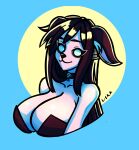  anthro big_breasts black_hair black_nose bovid bovine breasts cattle cleavage clothed clothing collar fur hair hi_res hooves lagomorph leporid mammal markings nyha(shybun) spots spotted_markings tag white_body white_eyes white_fur 