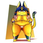  absurd_res animal_crossing ankha_(animal_crossing) annoyed anthro big_breasts breasts clothed clothing domestic_cat egyptian egyptian_clothing felid feline felis female fur hands_on_hips hi_res huge_breasts low-angle_view mammal nintendo painting_(artwork) skimpy solo stillelk62 thick_thighs traditional_media_(artwork) yellow_body yellow_fur 