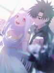  1boy 1girl amemasu79 black_coat black_eyes black_hair blurry blush breasts coat collared_shirt commentary_request couple depth_of_field dress emiya_kiritsugu fate/zero fate_(series) flower grey_shirt hetero highres holding_hands irisviel_von_einzbern long_hair looking_at_another necktie red_eyes shirt small_breasts smile spiked_hair sunlight white_dress white_hair window 