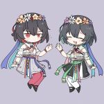  2girls :d ^_^ bangs black_footwear black_hair black_skirt blush chibi closed_eyes closed_mouth commentary dual_persona english_commentary facing_viewer flower flower_wreath flying_sweatdrops green_hair grey_background grey_skirt hair_between_eyes head_wreath highres honkai_(series) honkai_impact_3rd looking_at_viewer multicolored_hair multiple_girls pantyhose purple_flower red_eyes red_hair red_pantyhose seele_(alter_ego) seele_vollerei shirt shoes si_(si_sowofei) simple_background skirt smile two-tone_hair white_flower white_pantyhose white_shirt yellow_flower 