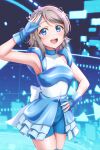  1girl absurdres armpits blue_background blue_eyes blue_gloves blush breasts ckst commentary_request earclip gloves grey_hair hand_on_own_hip highres looking_at_viewer love_live! love_live!_sunshine!! medium_breasts short_hair smile solo upper_body watanabe_you 