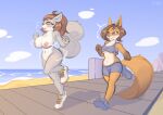  absurd_res anthro beach big_breasts bottomwear breasts butt canid canine clothed clothing duo female footwear footwear_only fox fur gloves_(marking) grey_body grey_fur hi_res jogging mammal markings midriff mostly_nude navel nipple_outline nude orange_body orange_fur rodent sciurid sea seaside shake shirt shoes shoes_only shorts sneakers stare tail tank_top topwear tree_squirrel ursk walkway water 