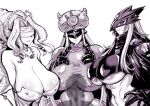  1boy 3girls arm_scarf bare_shoulders beelstarmon belt belt_collar black_gloves black_jacket black_mask black_scarf blindfold blonde_hair breasts choker cleavage collar covered_eyes cropped_vest digimon digimon_(creature) digimon_ghost_game dress eye_mask gggg gloves highres jacket jewelry large_breasts leather leather_jacket long_hair long_sleeves looking_at_viewer mask monochrome multiple_girls navel necklace scarf smile thetismon third_eye tight_clothes underboob venusmon very_long_hair vest zipper 