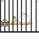  bag bird bottle_cap diva_(hyxpk) duck duckling frog_headband highres no_humans numbered original prison sign simple_background white_background 