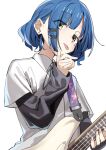  1girl absurdres blue_hair bocchi_the_rock! closed_mouth collared_shirt ear_piercing electric_guitar guitar haruyuki_(gffewuoutgblubh) highres instrument layered_sleeves long_sleeves mole mole_under_eye piercing shirt short_hair short_over_long_sleeves short_sleeves simple_background solo tongue tongue_out upper_body white_background white_shirt yamada_ryou yellow_eyes 