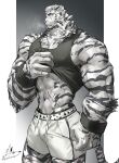  1boy abs absurdres animal_ears arknights bara bare_arms bounsies breath bulge clothes_lift covered_nipples cuffs feet_out_of_frame furry furry_male handcuffs highres large_hands large_pectorals lifted_by_self male_focus mature_male mountain_(arknights) muscular muscular_male navel pectorals scar scar_on_arm scar_on_leg scar_on_stomach shirt_lift short_hair shorts solo standing stomach sweat tiger_boy tiger_ears white_fur white_shorts 