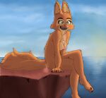  anthro black_lips breasts canid canine cheek_tuft chest_tuft day diane_foxington dreamworks facial_tuft female fluffy fluffy_tail fox fur hi_res lips mammal nipples nude orange_body orange_fur outside sea sitting sky smile solo tail teeth the_bad_guys tuft viofsa water 