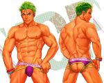  1boy abs ass_cutout bad_id bad_link bad_twitter_id bara bulge character_request clothing_cutout copyright_request dark-skinned_male dark_skin ear_piercing feet_out_of_frame green_hair groin hair_slicked_back jockstrap large_pectorals looking_at_viewer male_focus male_underwear male_underwear_pull multiple_views muscular muscular_male navel nipples obliques pectorals piercing pulled_by_self purple_male_underwear short_hair sideburns smirk standing stomach thighs topless_male undercut underwear usada_(usaddd) v-shaped_eyebrows yellow_male_underwear 