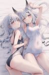  2girls amane_utata animal_ears armpits arms_up ass bed_sheet black_one-piece_swimsuit blush breasts brown_eyes closed_mouth collarbone commentary_request competition_swimsuit covered_navel crossed_bangs fox_ears grey_hair hair_ornament hairclip highres light_frown long_hair looking_at_viewer low-braided_long_hair lying multiple_girls old_school_swimsuit on_back on_side one-piece_swimsuit original school_swimsuit small_breasts smile swimsuit thighs twitter_username very_long_hair white_one-piece_swimsuit 