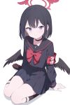  1girl absurdres armband black_choker black_hair black_sailor_collar black_serafuku black_shirt black_skirt black_socks black_wings blue_archive chinese_commentary choker closed_mouth commentary_request feathered_wings halo highres jyt looking_at_viewer low_wings mashiro_(blue_archive) pleated_skirt purple_eyes red_armband red_halo sailor_collar school_uniform serafuku shirt short_hair simple_background skirt smile socks solo white_background wings 