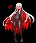  1girl absurdres ahoge armored_core ass_visible_through_thighs ayre_(armored_core_6) black_background black_bodysuit bodysuit breasts closed_mouth colored_eyelashes covered_navel full_body groin hair_over_breasts hair_over_one_eye highres kurukurumagical long_hair looking_at_viewer medium_breasts multicolored_hair no_shoes pigeon-toed red_eyes red_hair simple_background solo standing streaked_hair two-tone_hair very_long_hair white_hair 